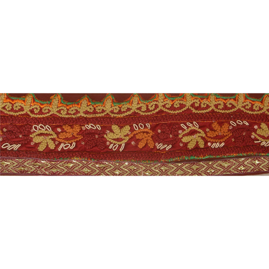 Sanskriti Vintage Sari Border Craft Dark Red Trim Hand Embroidered 1 Yd Lace