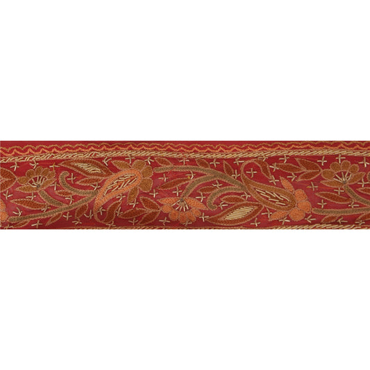 Sanskriti Vintage Sari Border Craft Red Trim Hand Embroidered 1 Yd Zardozi Lace
