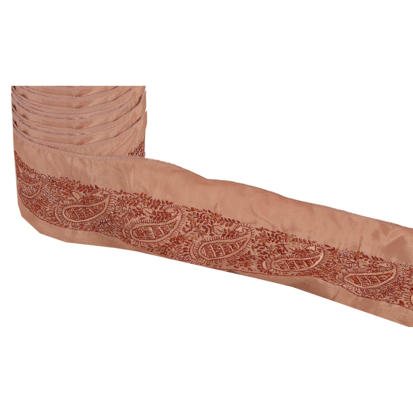 Sanskriti Vintage Suzani Sari Border Craft Peach Trim Hand Embroidered 1 Yd Lace