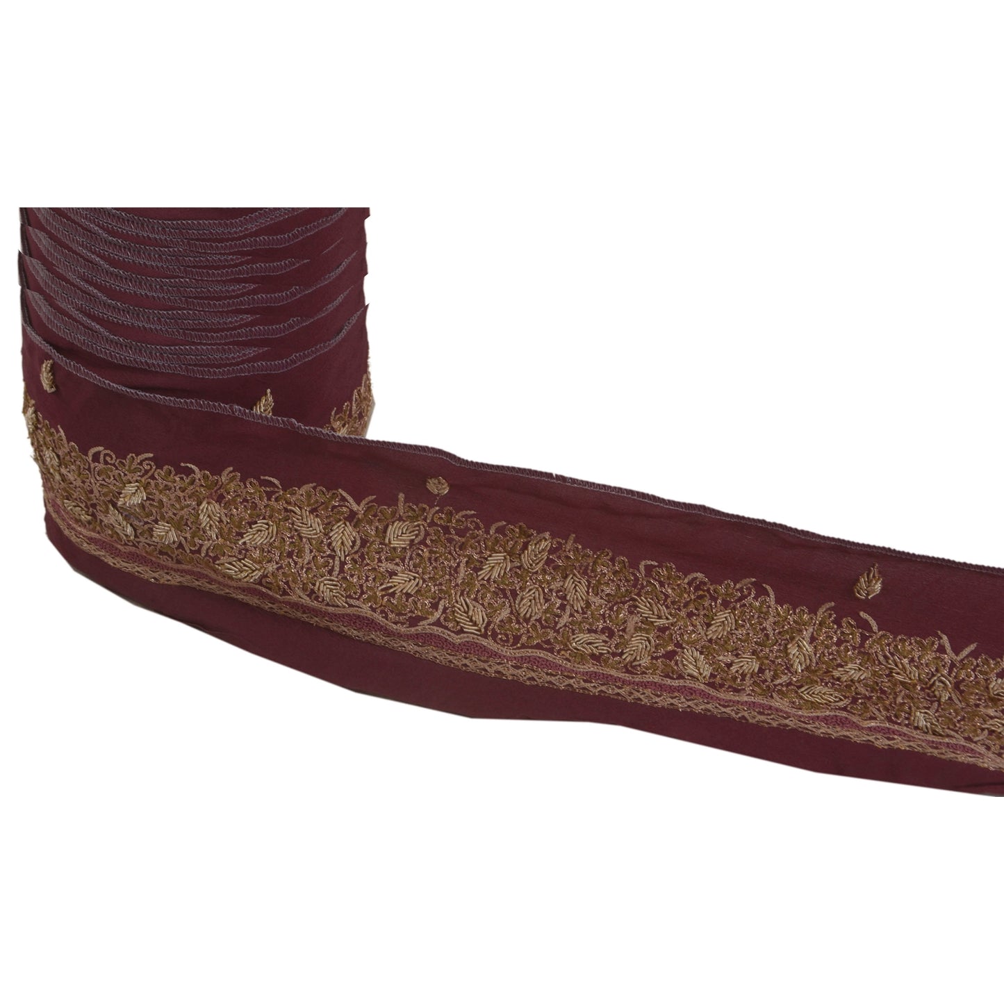 Sanskriti Vintage Sari Border Craft Dark Red Trim Hand Zari Embroidery 1 YD Lace