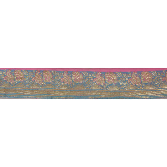 Sanskriti Vintage 1.5W Sari Border Zari Woven Brocade Craft Trim Blue 1 YD Lace