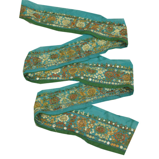 Sanskriti Vintage Sari Border Blue Embroidered 1 YD Trim 3.7w Lace Craft Sewing