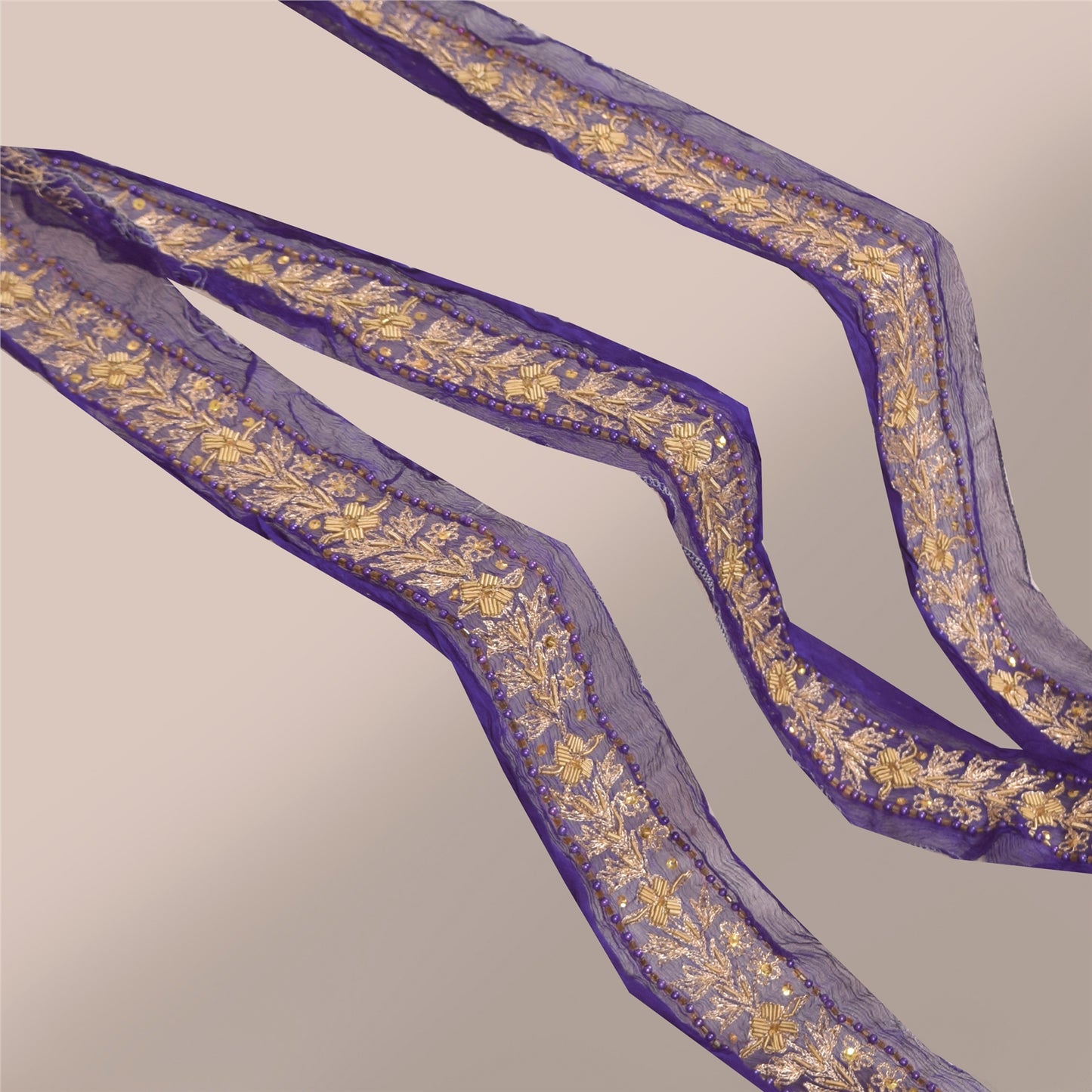 Sanskriti Vintage 1YD Sari Border Hand Beaded Zari ChiffonTrim Purple Craft Lace