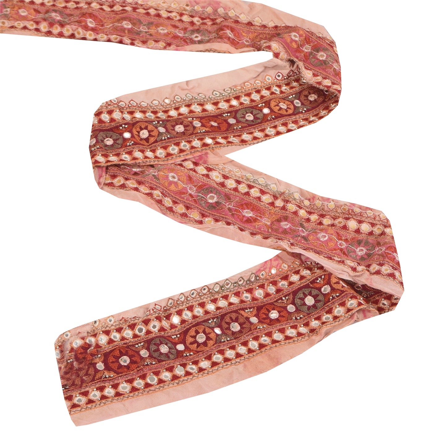 Sanskriti Vintage 1YD Sari Border Pink Hand Beaded Trim Mirror Craft Silk Lace