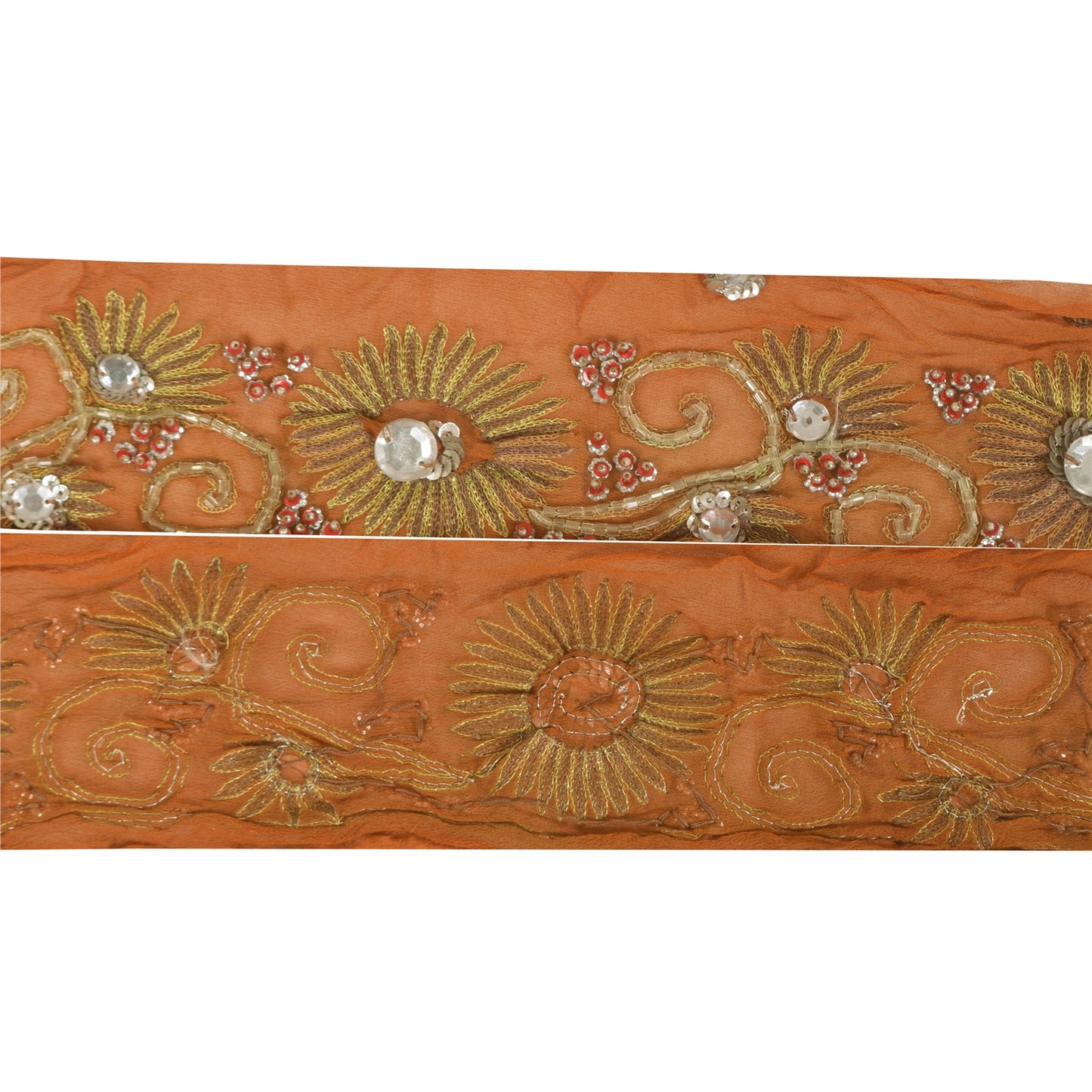 Sanskriti Vintage Saree 1Yd Border Orange Hand Beaded Sequins Rhinestone Trim Sewing Craft Silk Sari Lace 3"W Pure Crepe Silk Ribbon