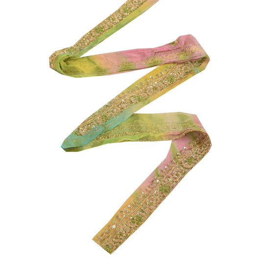 Sanskriti Vintage 1YD Sari Border Hand Beaded ZardoziTrim Sewing Craft Pink Lace