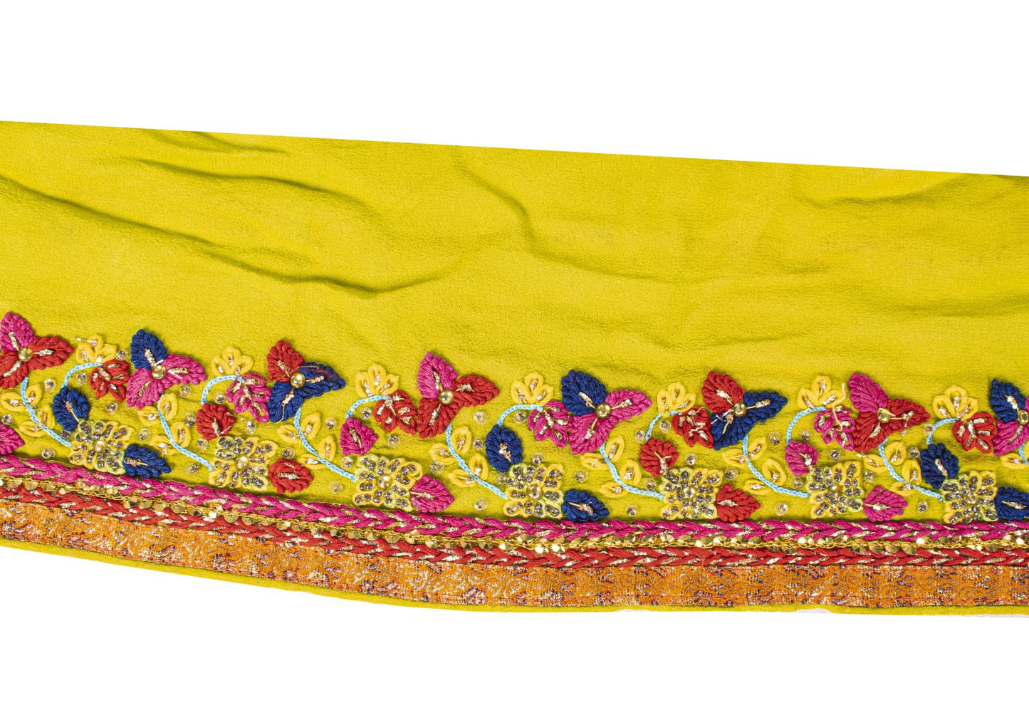 Sanskriti Vintage 1 YD Sari Border Yellow Crepe Silk Hand Embroidered Trim Lace