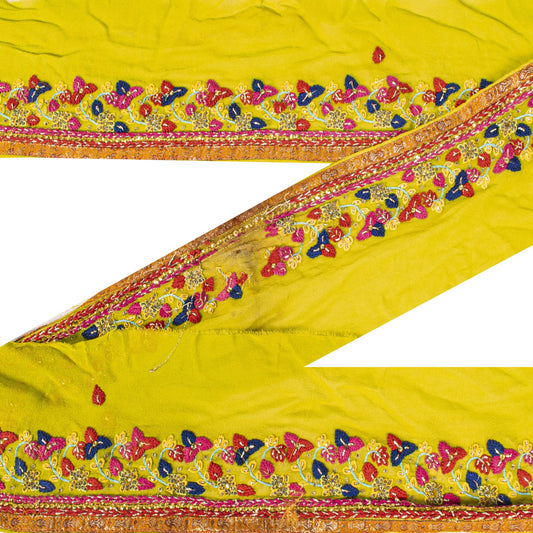 Sanskriti Vintage 1 YD Sari Border Yellow Crepe Silk Hand Embroidered Trim Lace
