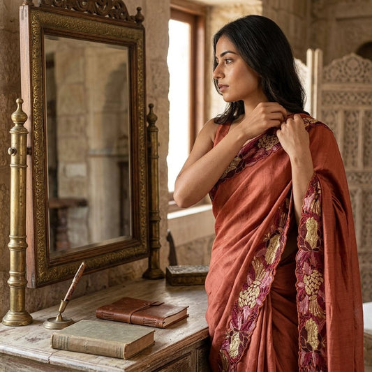 Sanskriti Vintage Brown Georgette 1 YD Sari Border Craft Trim Embroidered Lace