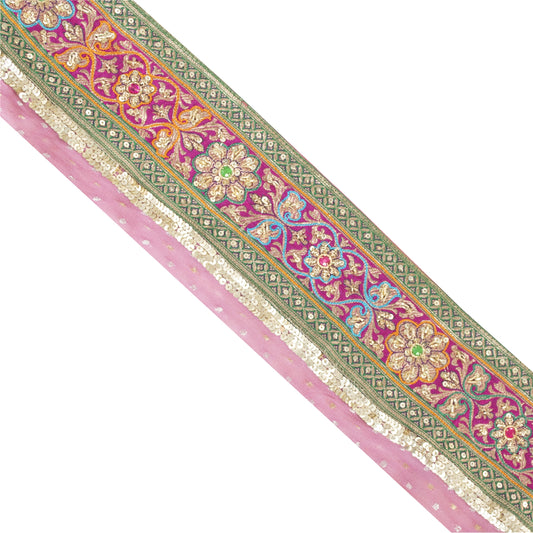 Sanskriti Vintage Sari Border Hand Beaded 1 YD Trim Sewing Craft Pink Decor Lace