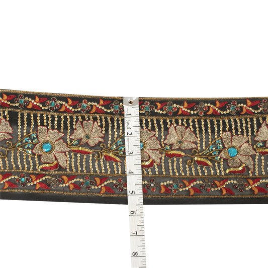 Sanskriti Vintage Sari Border Hand Beaded 1YD Trim Sewing Craft Black Decor Lace
