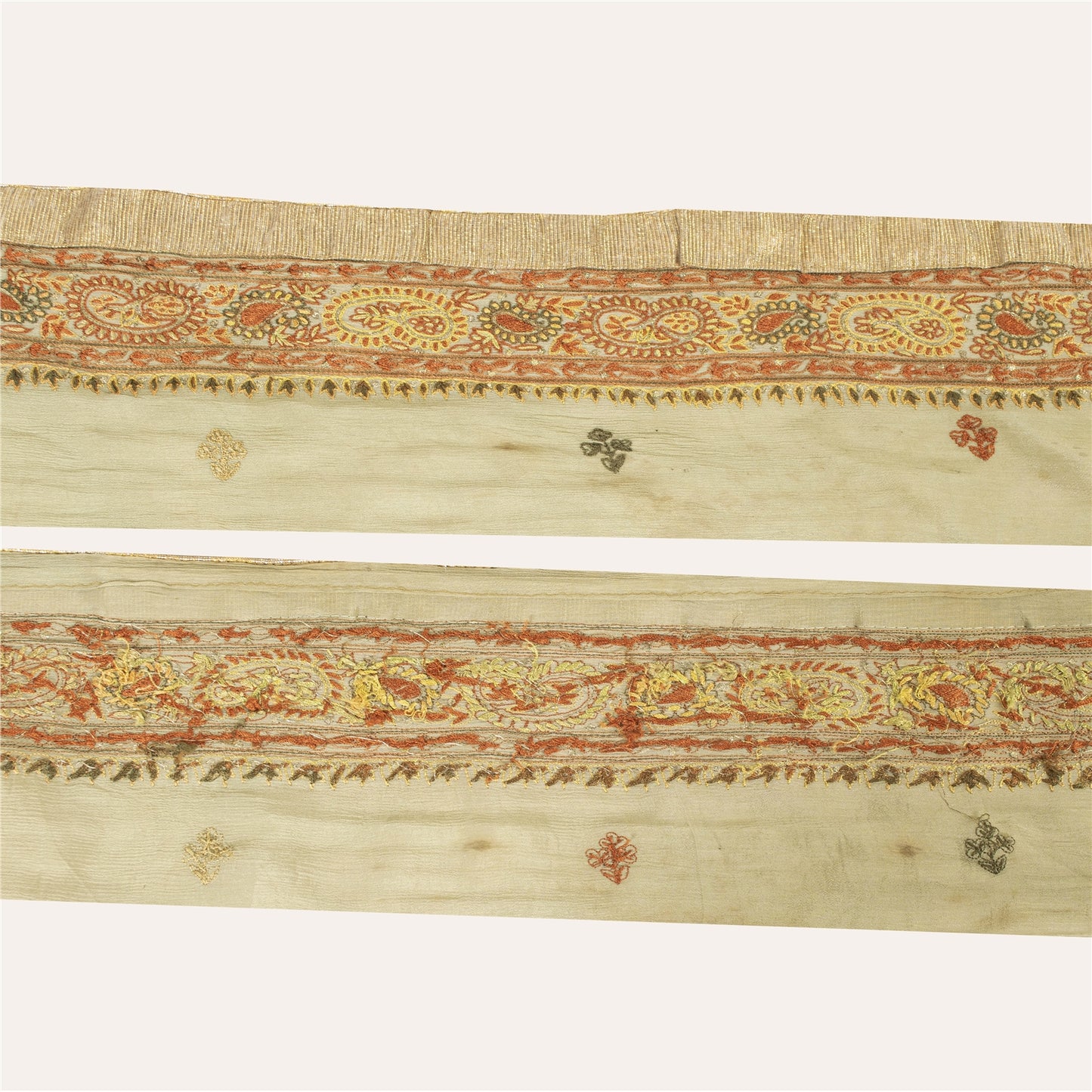 Sanskriti Vintage Sari Cream Border Embroidered Thread 1 YD Trim Cream Lace