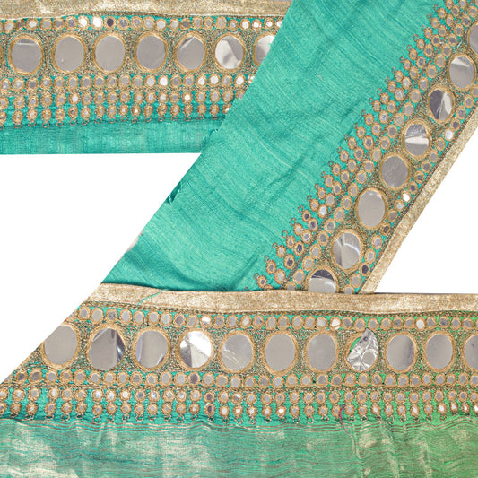 Sanskriti Vintage Green Silk 1 YD Sari Border Embroidered Zari Mirror Trim Lace