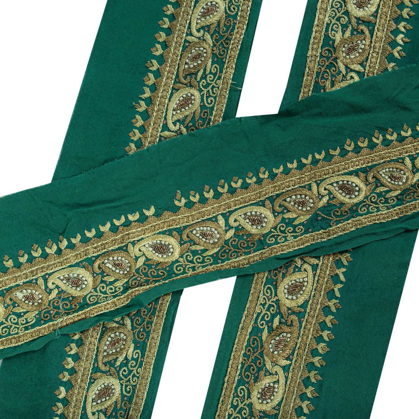 Sanskriti Vintage Green Pure Crepe 1 YD Sari Border Hand Embroidered Trim Lace