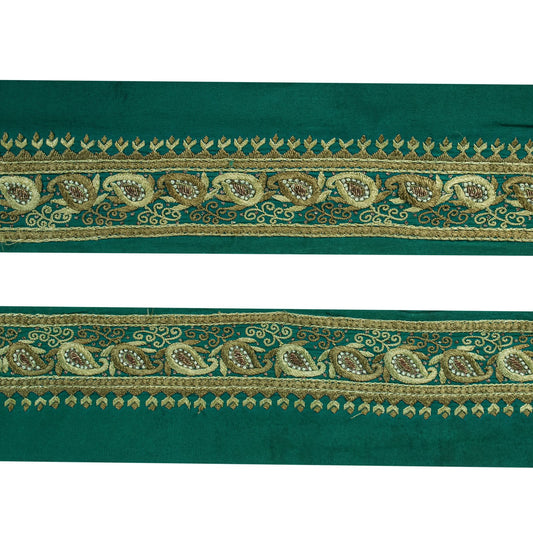 Sanskriti Vintage Green Pure Crepe 1 YD Sari Border Hand Embroidered Trim Lace