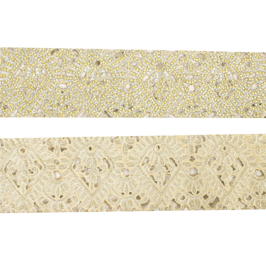 Sanskriti Vintage Sari Border Hand Beaded Dori Work 1 YD Trim Golden Lace Ribbon