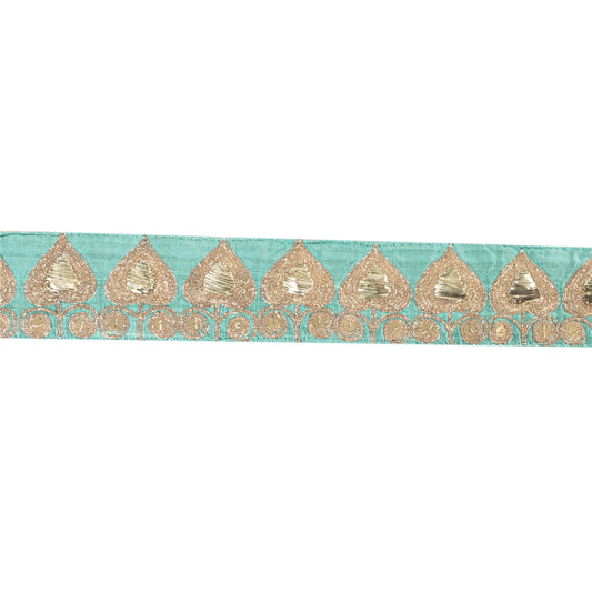 Sanskriti Vintage Sari Border Hand Beaded Zari 1 YD Trim SeaGreen Lace Pure Silk