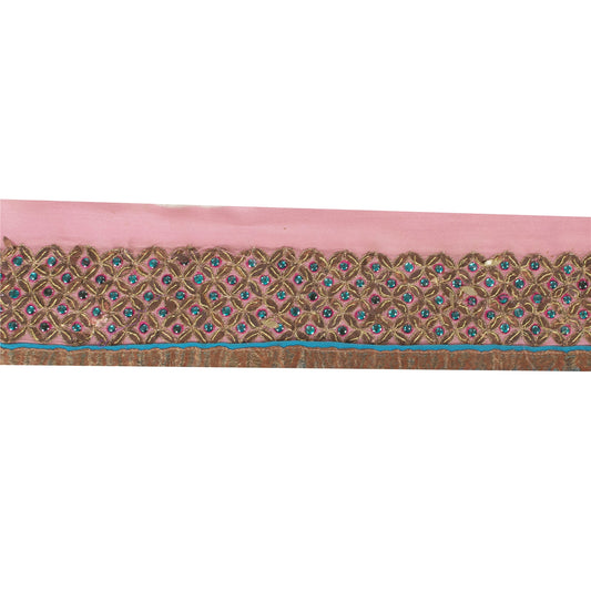 Sanskriti Vintage Sari Border Hand Beaded 1YD Trim Pink Pure Silk Lace 3.6W Lace