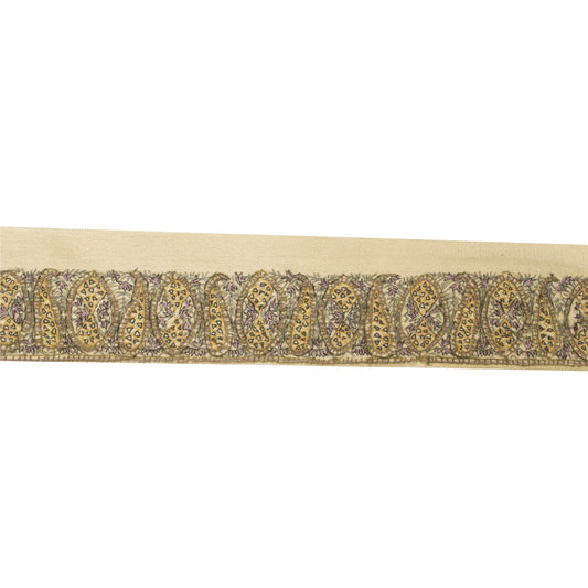 Sanskriti Vintage Sari Border Hand Embroidered Suzani 1 YD Trim Craft Cream Lace