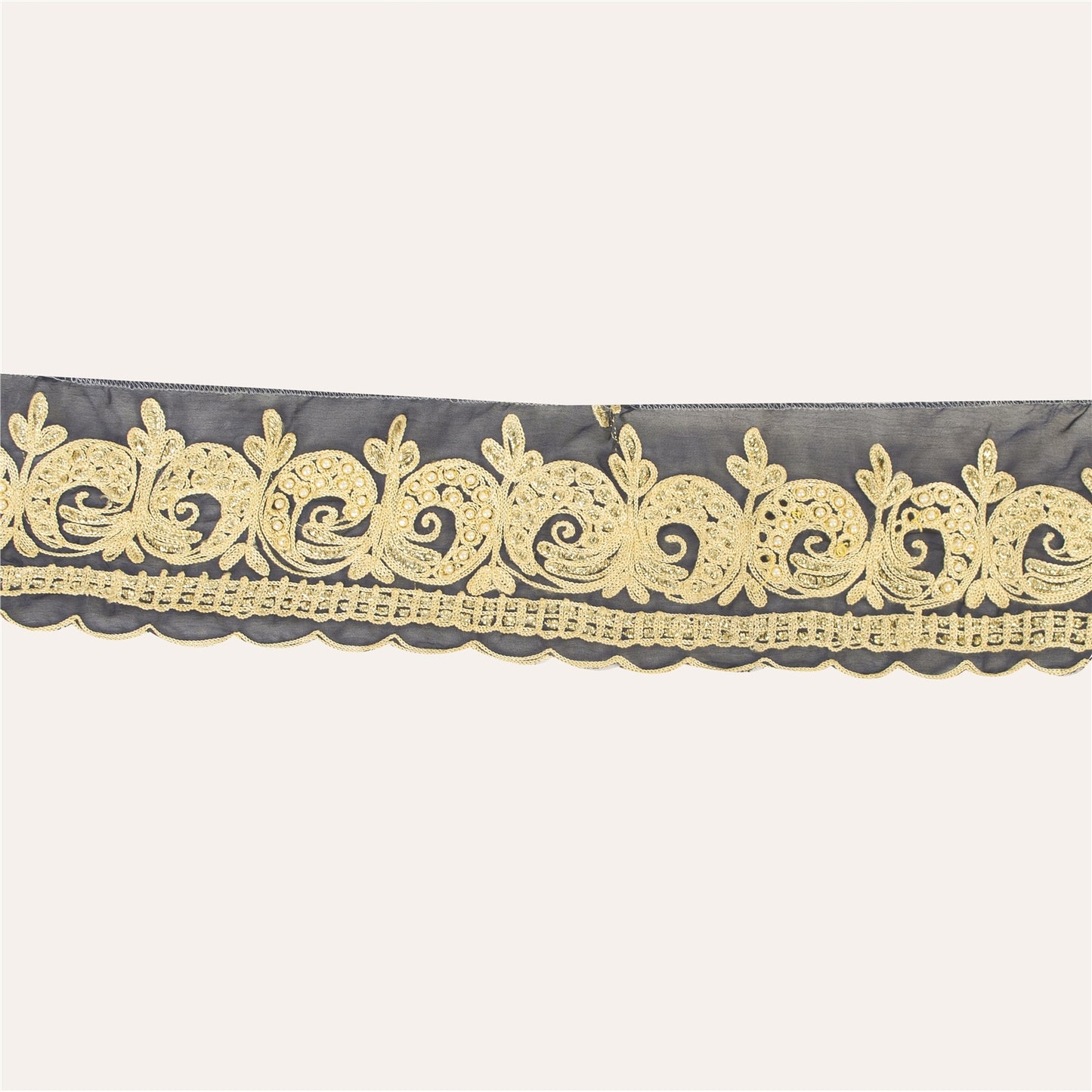 Sanskriti Vintage Sari Border Hand Beaded Thread 1 YD Trim Black Pure Silk Lace