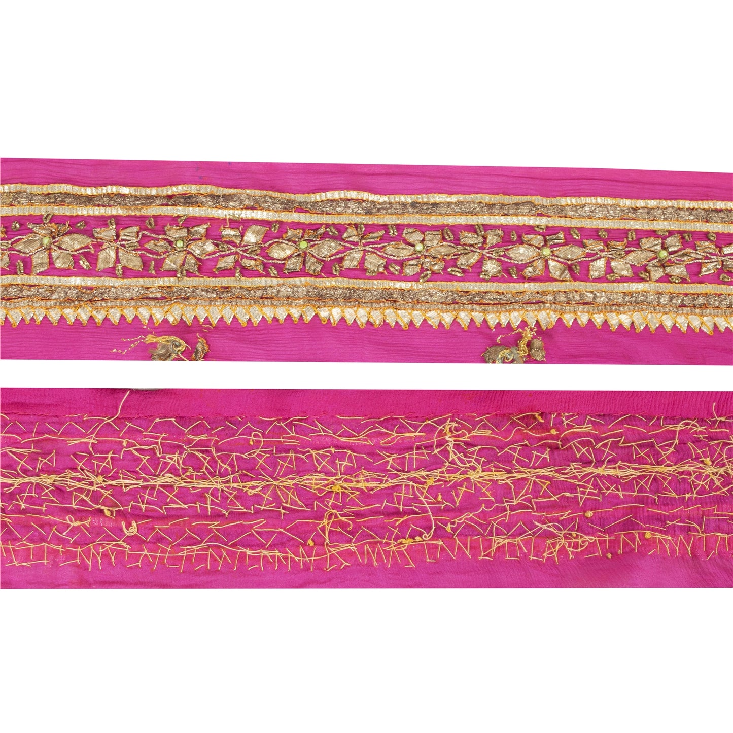 Sanskriti Vintage Sari Border Hand Beaded Gota Patti Chiffon 1 YD Trim Pink Lace