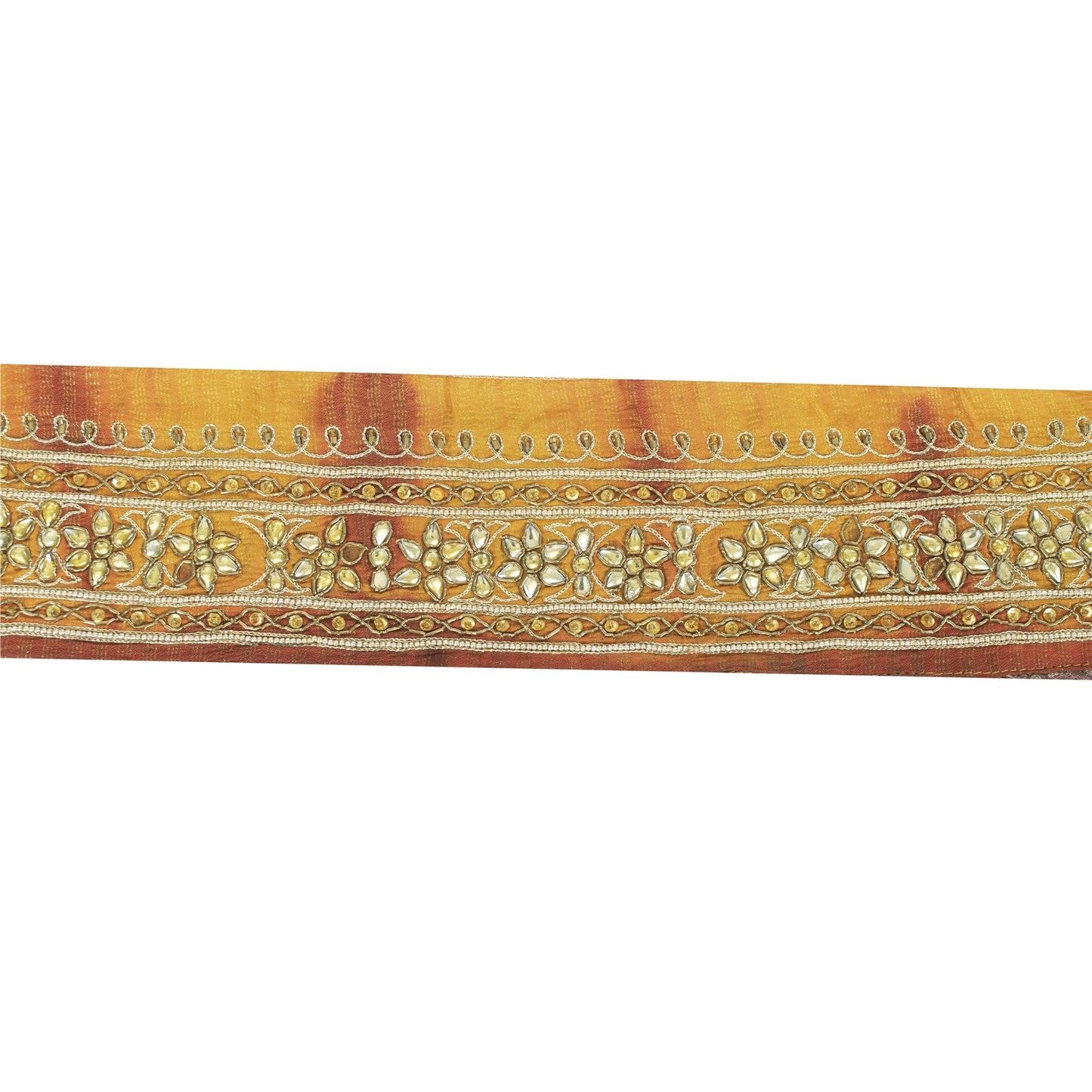 Sanskriti Vintage Sari Border Hand Beaded Zardozi 1 YD Trim Red & Yellow Lace