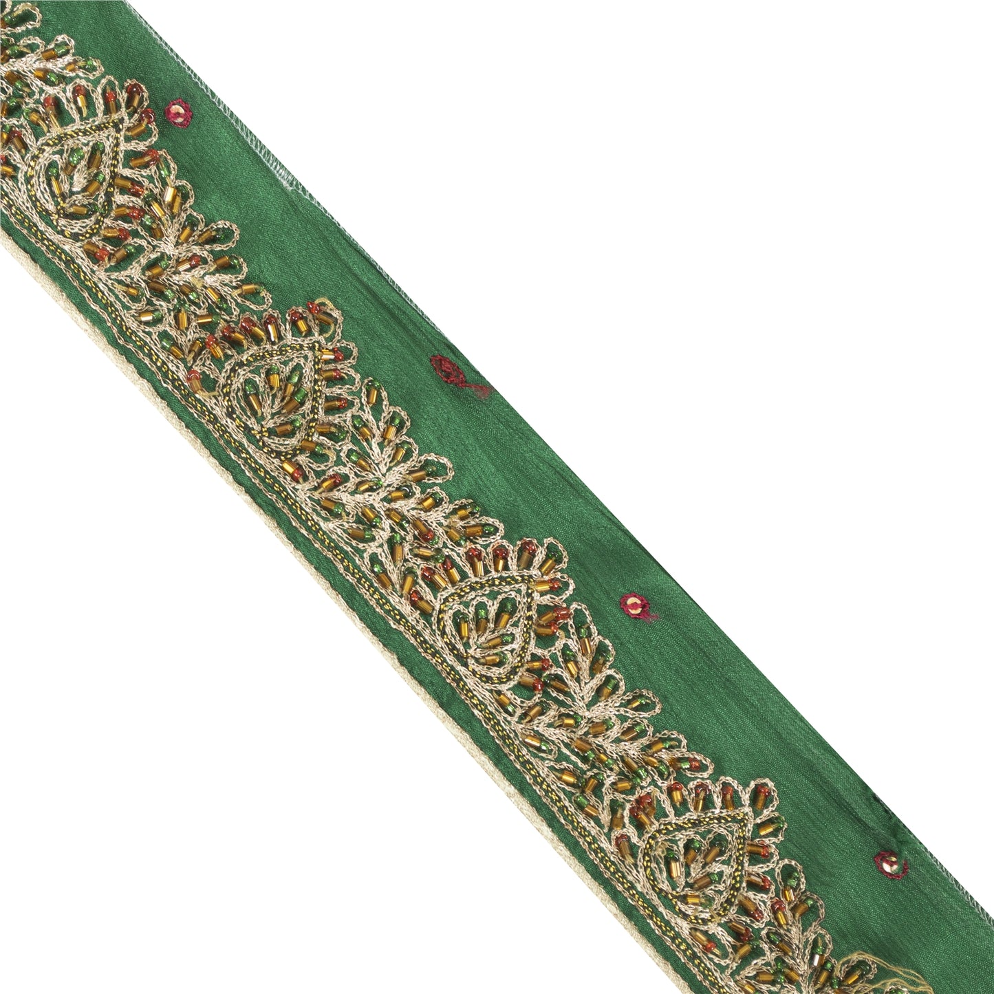 Sanskriti Vintage Sari Border Hand Beaded Zari 1 YD Trim Green Pure Silk Lace