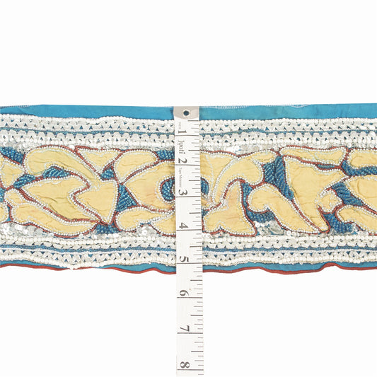 Sanskriti Vintage Blue Beaded Saree Border Trim 1YD Craft Lace 5.2"W Crepe Silk
