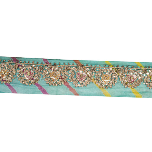 Sanskriti Vintage Blue Pure Georgette 1 YD Sari Border Hand Made Gota Patti Trim