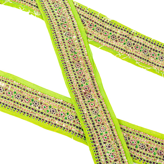 Sanskriti Vintage Craft Trims 1YD Saree Border Green Hand Beaded Rhinestone Lace
