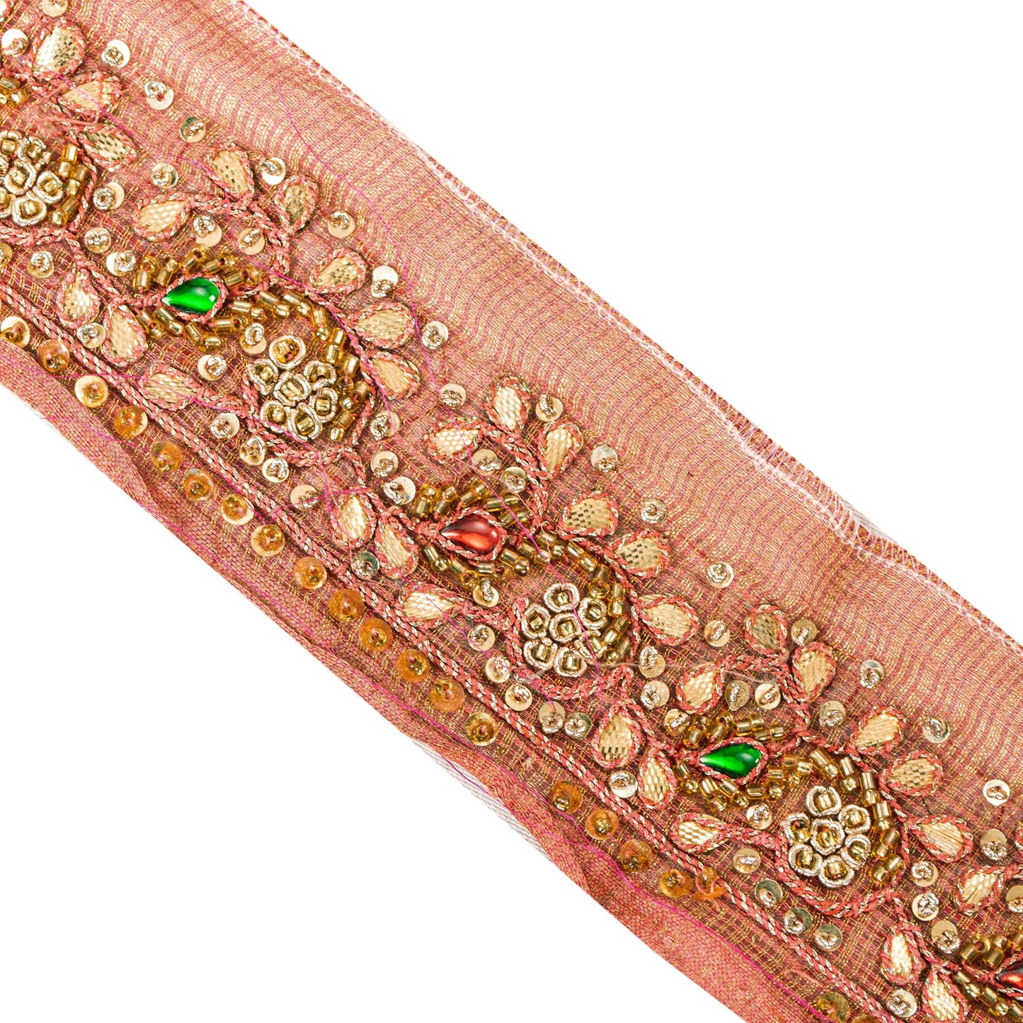 Sanskriti Vintage Red Beaded Saree Border Trim 1YD Craft Silk Zardozi Lace 2.1"W