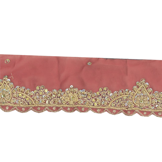 SANSKRITI VINTAGE SARI BORDER HAND BEADED ZARI CRAFT TRIMS LACE 1YD FLORAL PINK