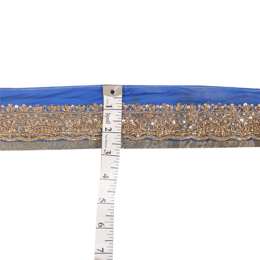 Sanskriti Vintage Sari Border Hand Beaded Zari Zardozi 1 YD Trims Blue 2W Lace