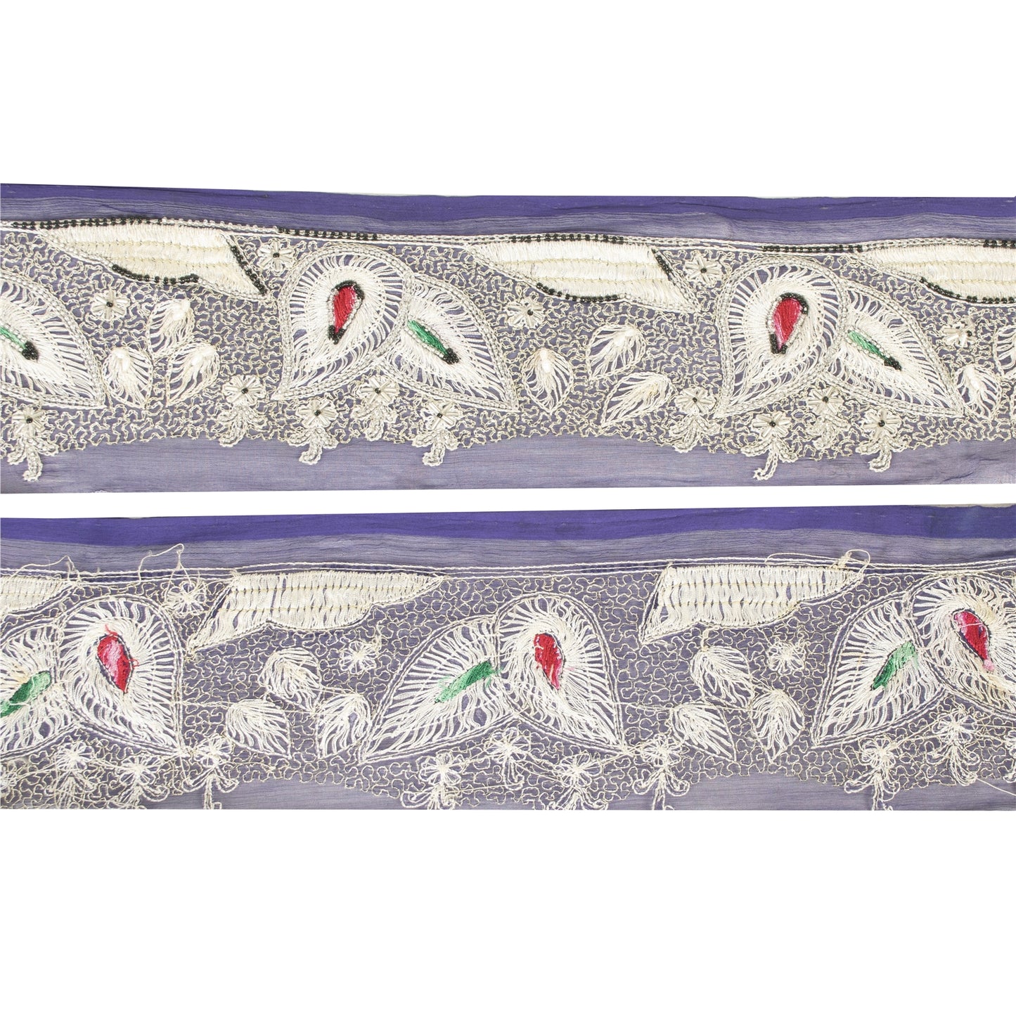 Sanskriti Vintage Sari Border Hand Beaded Zari 1 YD Trim 3 W Blue Silk Lace