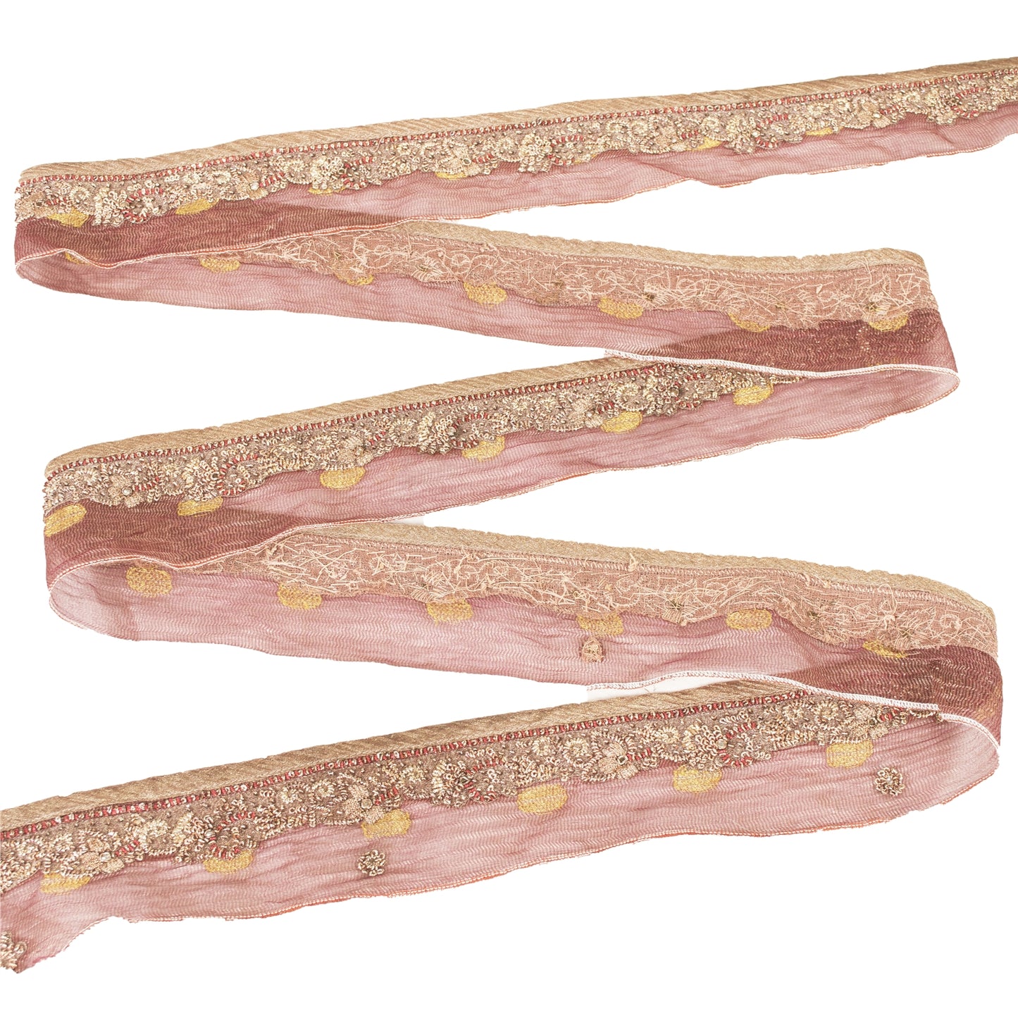 Sanskriti Vintage Sari Border Hand Beaded Dabka 1YD Trims 1"W Pink Ribbon Lace