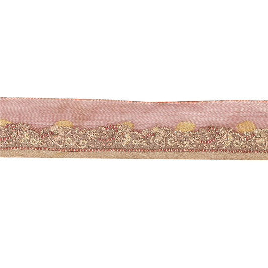 Sanskriti Vintage Sari Border Hand Beaded Dabka 1YD Trims 1"W Pink Ribbon Lace