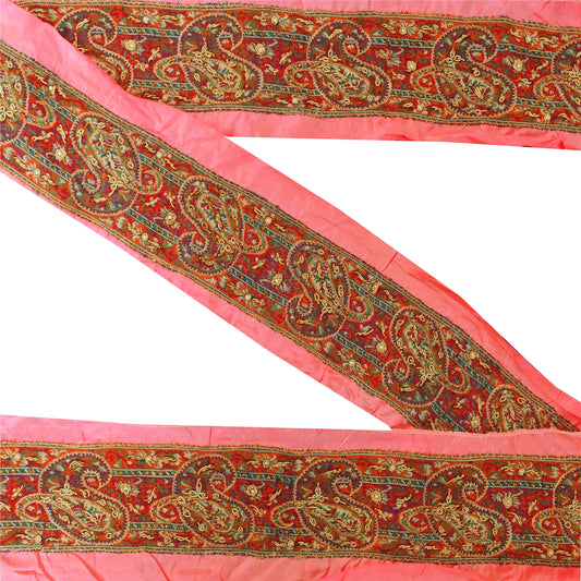 Sanskriti Vintage Sari Border Hand Beaded Zari Zardozi 1 YD 2W Pink Patch Trim