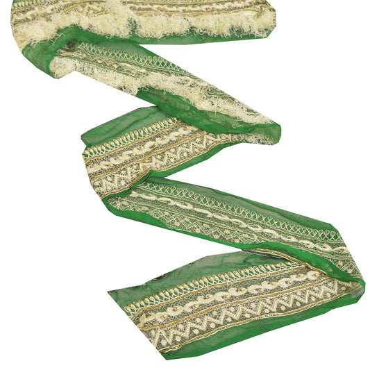 Sanskriti Vintage Sari Border Hand Beaded Zari 1 YD Trims 2.5W Green Floral Lace