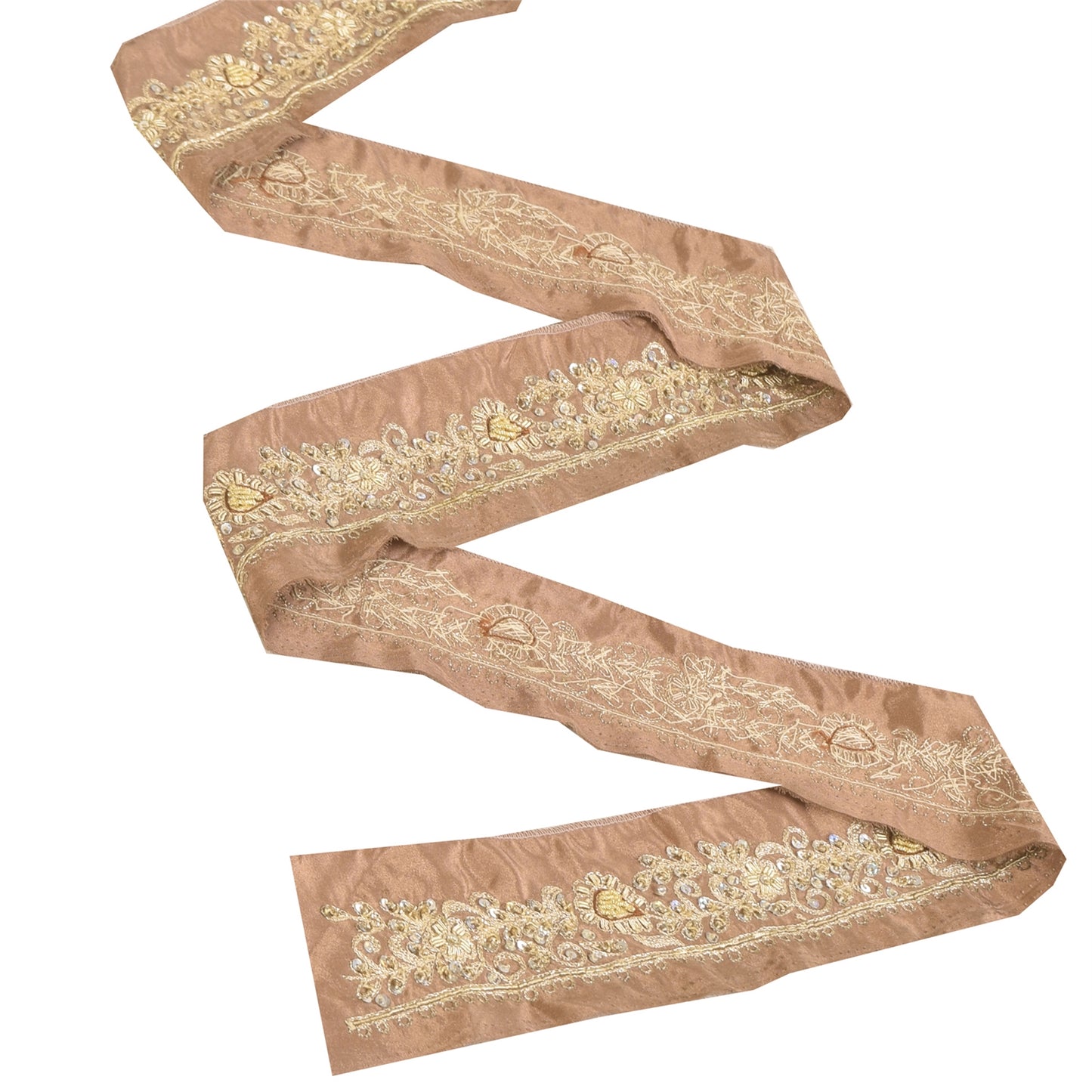 Sanskriti Vintage 1 YD Sari Border Hand Beaded Zardozi Trim Brown 1.5W Lace