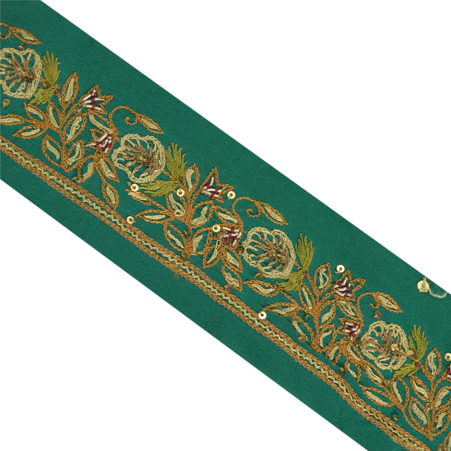 Sanskriti Vintage Sari Border Hand Beaded 1 Yd Indian Trim Sewing Green Lace