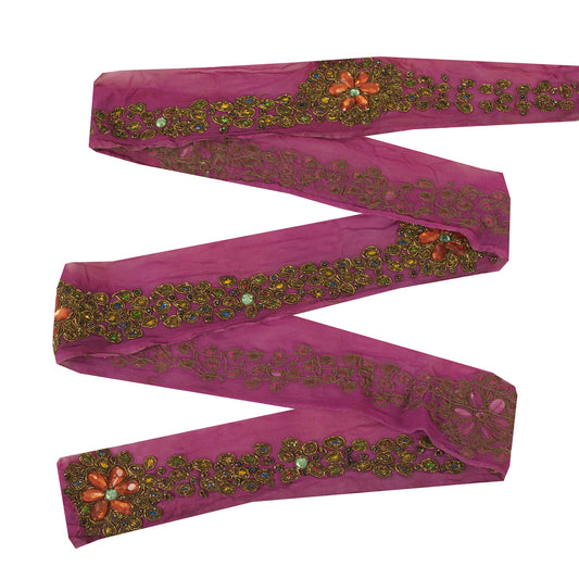 Sanskriti Vintage Sari Border Hand Bead Zardozi Dabka Craft Trims Lace 1YD Pink