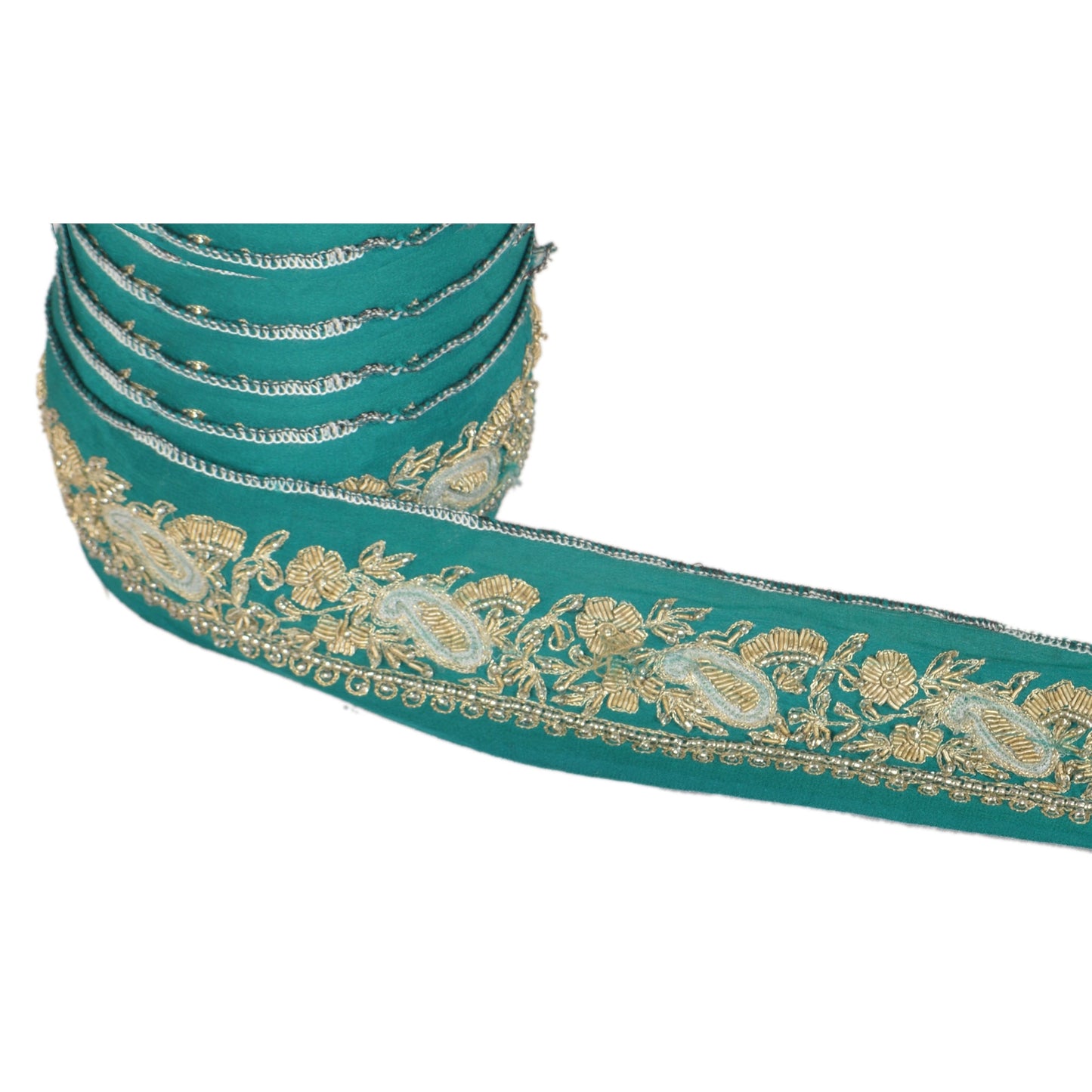 Sanskriti Vintage Border Antique Hand Beaded 1 YD Zardozi Trim Sewing Green Lace