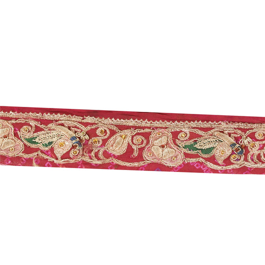 Sanskriti Vintage Sari/Saree Border Hand Beaded Peacock 1 YD Trim Pink 1.5W Lace