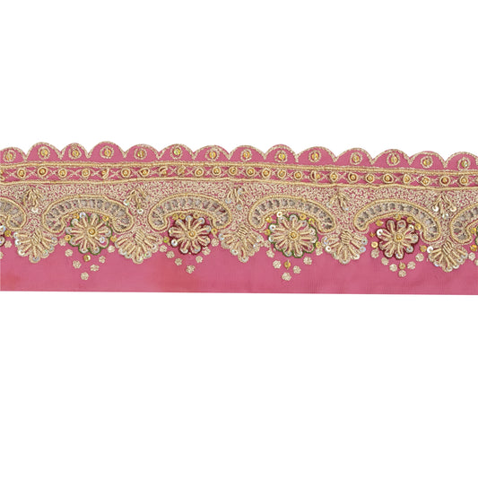 Sanskriti Vintage Sari Border Hand Beaded Craft 1 YD Zari Zardozi Pink Deco Lace