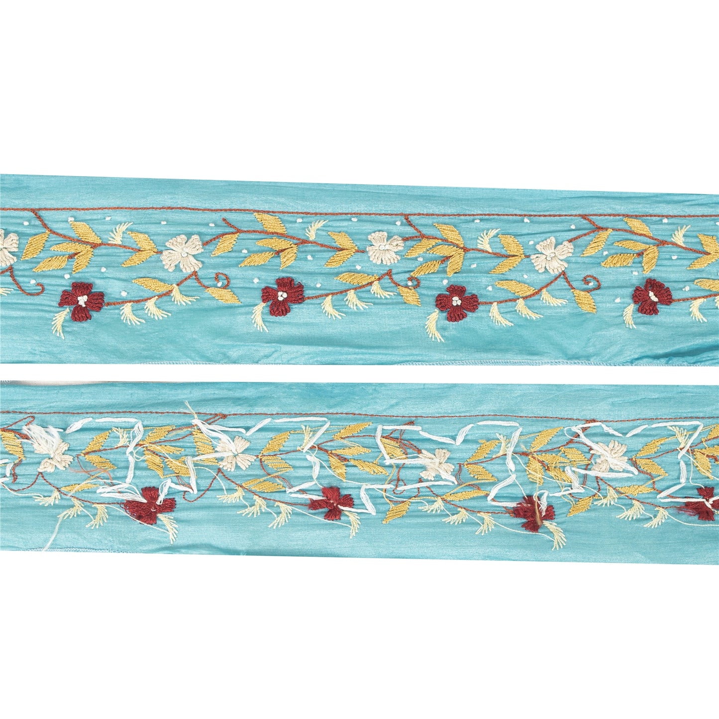 Sanskriti Vintage Sari Border Blue Hand Embroidered Paisley 1 YD Trims Lace 2W