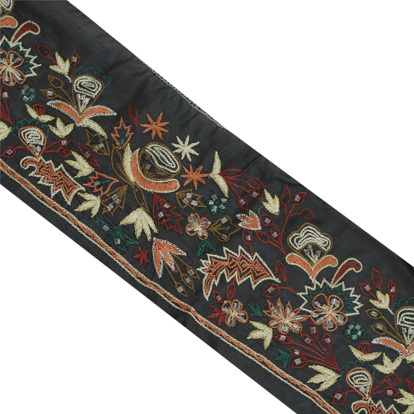 Sanskriti Vintage Sari Border Hand Beaded Craft 1 Yd Sewing Black Trims Lace