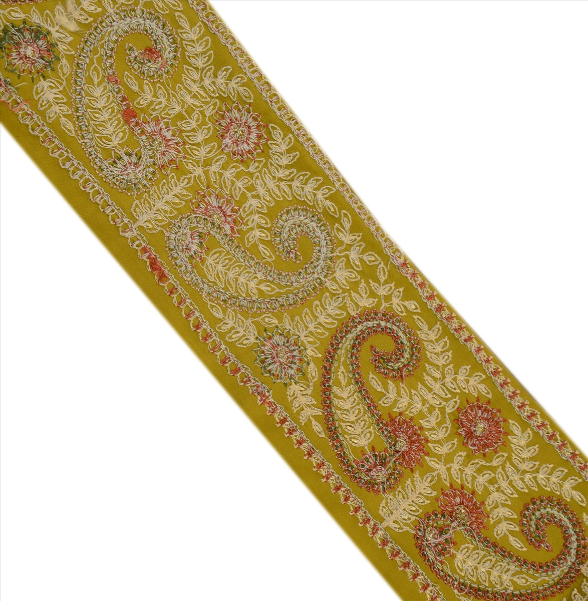 Sanskriti Vintage Saree Border Hand Embroidered Zari 1 YD Trim 3.5w Green Lace