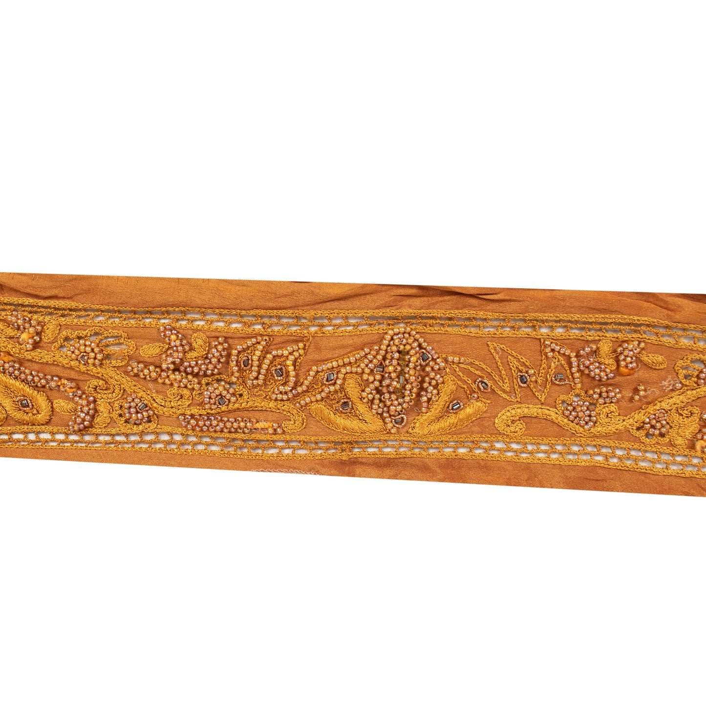 Sanskriti Vintage Sari Border Hand Beaded 1 YD Craft Trim Saffron Lace Ribbon