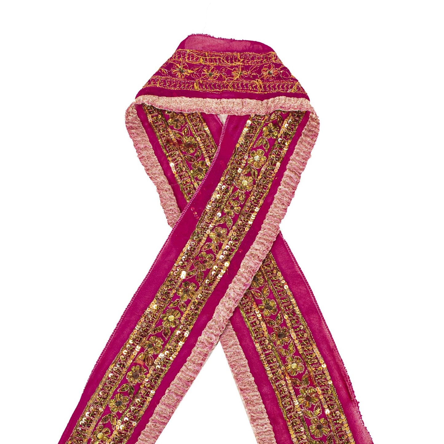 Sanskriti Vintage 1YD 3"W Sari Border Pink Pure Georgette Hand Made Zardozi Lace