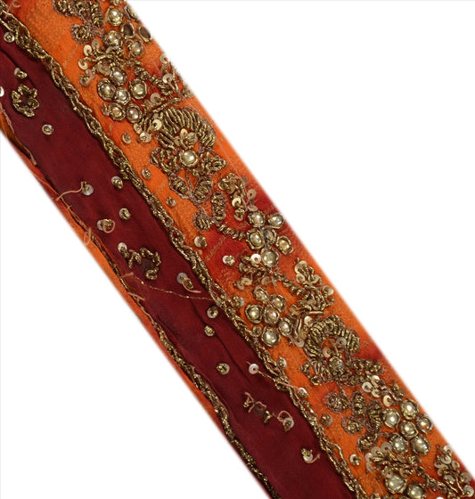Sanskriti Vintage Sari Border Hand Beaded Craft Trims Zari Lace 1 Yard Pure Silk